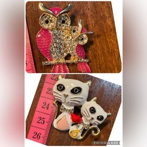 Rhinestone Pink Owl Brooch / White Cat Duo Brooch Set